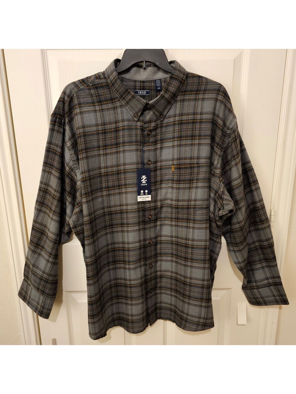 Izod Men Stratton Flannel Shirt Grey Black Beige Plaid Cabin-core 3XB Big & Tall